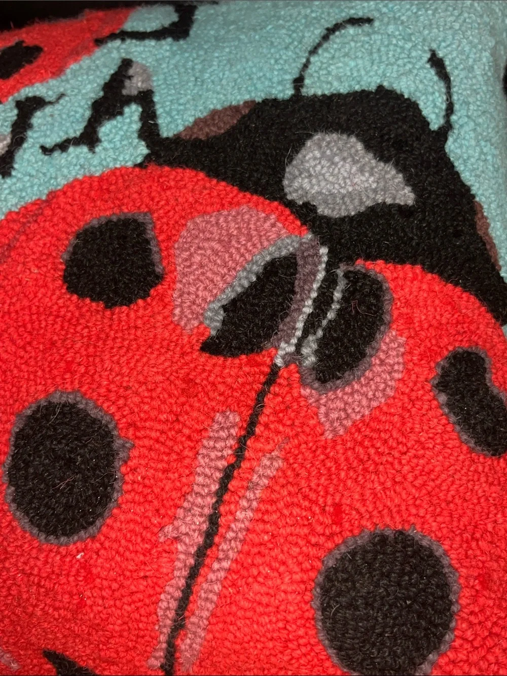 Peking Handicrafts wool ladybug pillow 18” x 18”poly velvet back - NWT